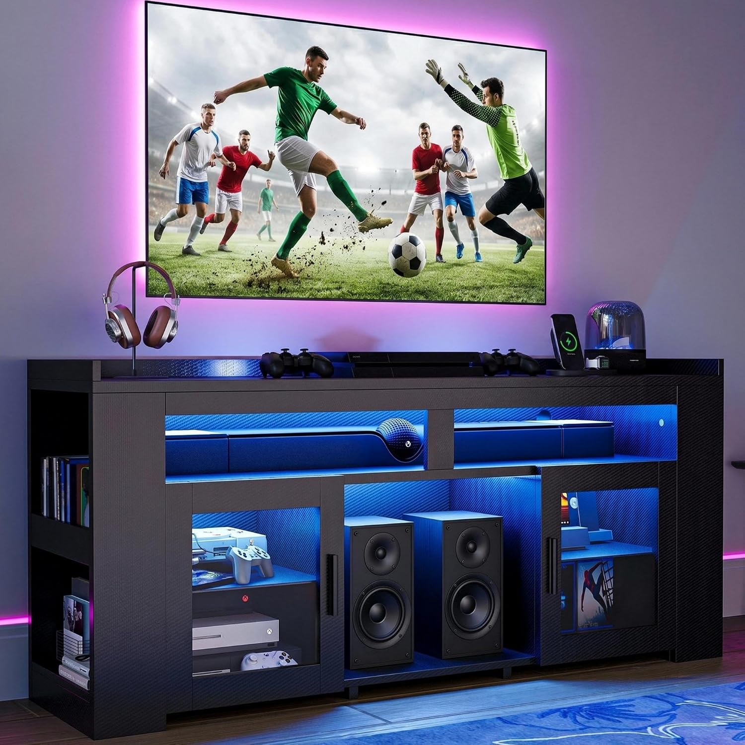Gaming Console Room - حامل تلفاز مع محطة شحن وإضاءة