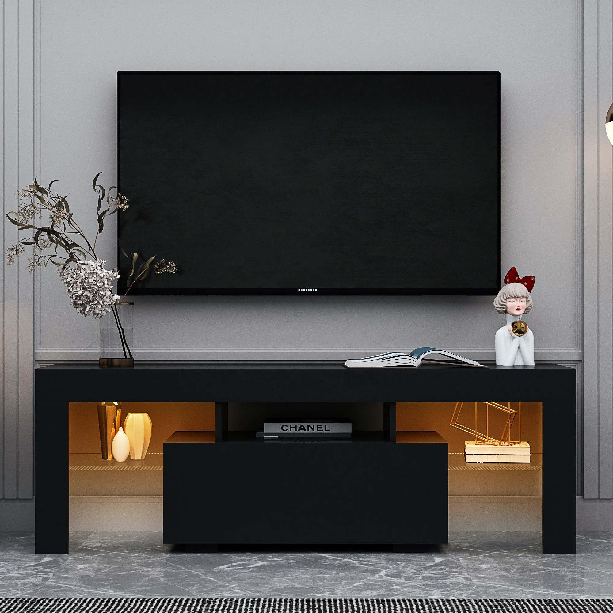 # حامل تلفزيون أسود مع أضواء L - مراجعة Gaming Console Room وسعره